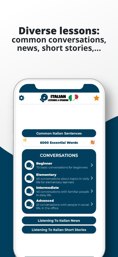 Italian language learning app interface showing conversation levels from beginner to advanced with additional sections for news and short stories