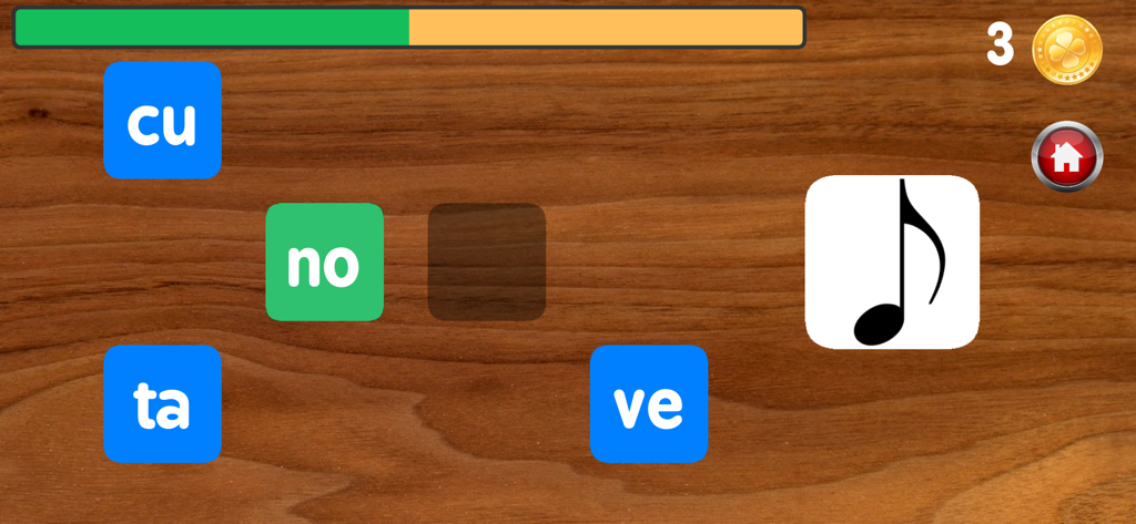Educational game screen for children learning to write Spanish words using syllables