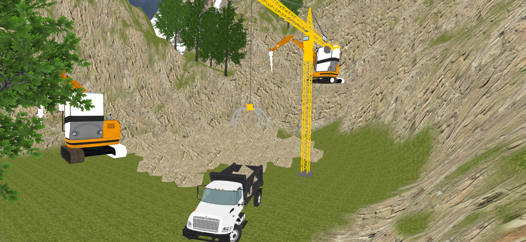 Real City Construction Games - Una escena de juego de simulación con una grúa torre amarilla, una excavadora y un camión volquete en un sitio de construcción de montaña rocosa.