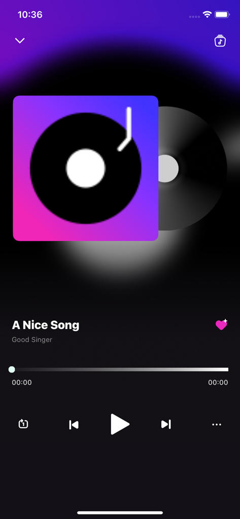 Music Echo-Offline Music - Music Echo app playback screen displaying a song title, artist, and vinyl record album art on a dark gradient background.