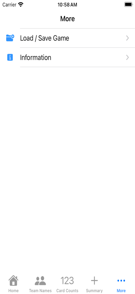 Super Samba Scoring - Pantalla del menú 'Más' de la aplicación Super Samba Scoring que muestra opciones para cargar y guardar partidas y ver información