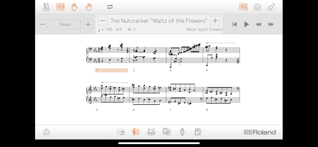 Digital sheet music for The Nutcracker Waltz of the Flowers in the Piano Partner 2 app interface