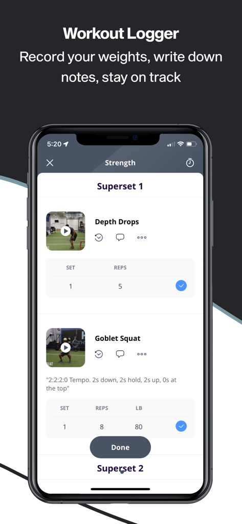 Citizen Athletics v2 - Citizen Athletics v2 workout logger interface showing exercise tracking for depth drops and goblet squats