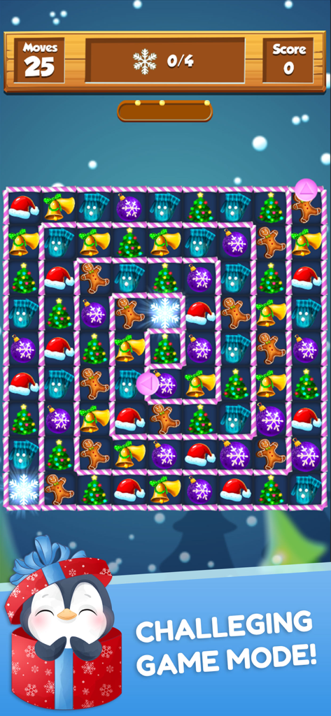 A festive gameplay screen of Christmas Match 3 showing a puzzle grid with holiday icons and a cute penguin character