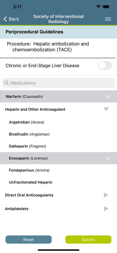SIR Guidelines app periprocedural medication selection screen for a TACE procedure