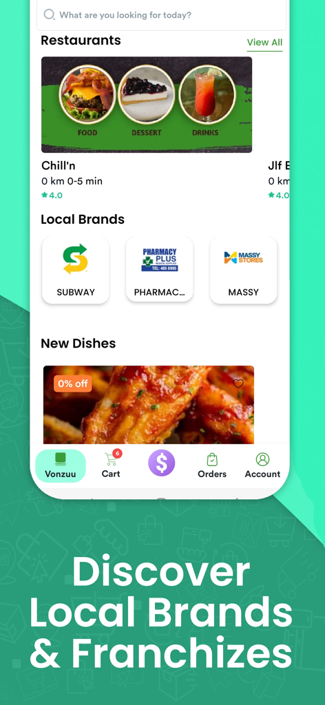 Vonzuu - Vonzuu app interface showing local brands and restaurant delivery options