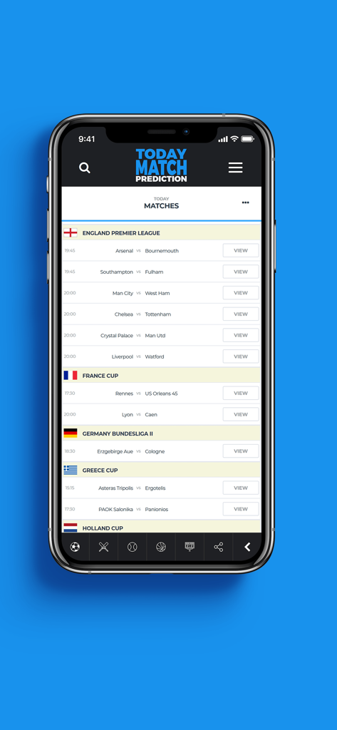 Today Match Prediction - 今日の試合予測アプリの画面、プレミアリーグのような主要リーグの今後のサッカー試合リストを表示