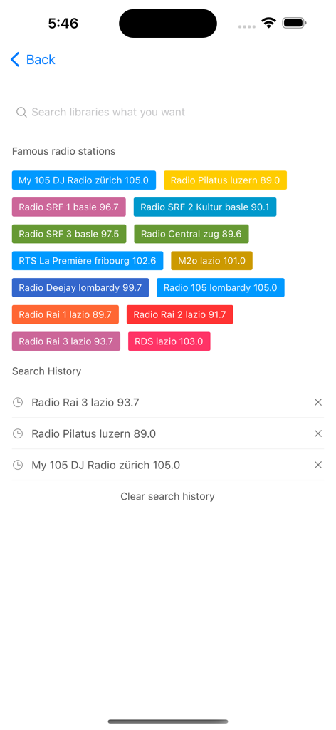 Analog Radio - Analog Radio app search interface displaying famous Italian and Swiss radio stations and recent search history