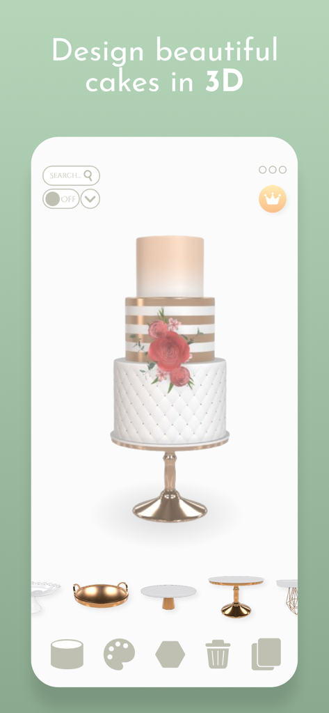 Bakely app interface featuring a three-tiered 3D wedding cake design with floral decorations