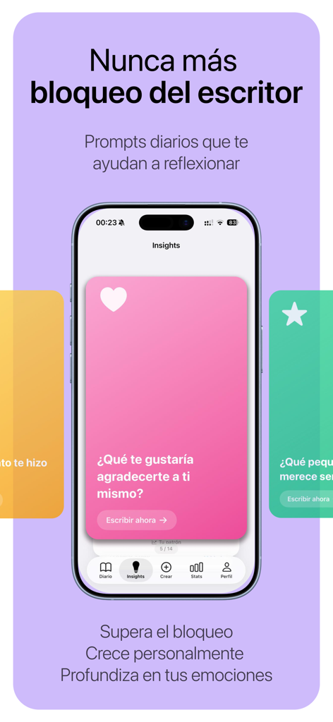 Lumi - Diario Emocional - Un teléfono inteligente que muestra la interfaz de la aplicación Lumi con indicaciones de reflexión diaria para ayudar a los usuarios a superar el bloqueo del escritor.