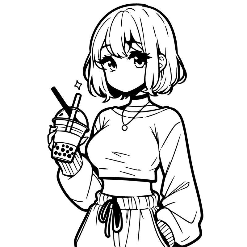 manga girl drinking boba anime wearing a crop top and baggy sweats