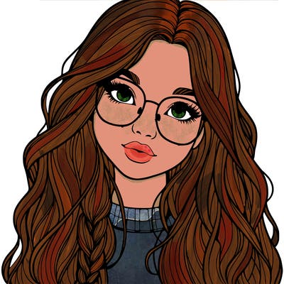 girl with long hair and freckles and glasses realistic