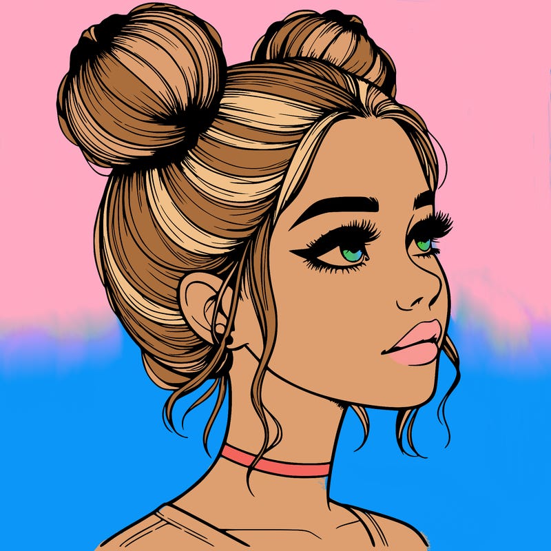 realistic girl with buns on the top of her head