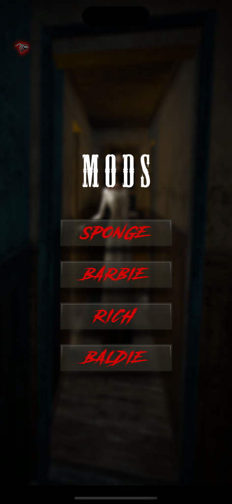 Scary Granny Contact Game - Scary Granny Contact Game MODS menu screen showing Sponge, Barbie, Rich, and Baldie character options
