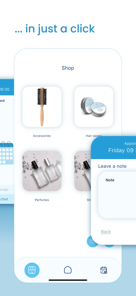 BarberApp shop screen displaying grooming products and an appointment note feature