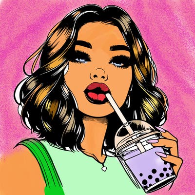 realistic girl with glossy lips holding boba