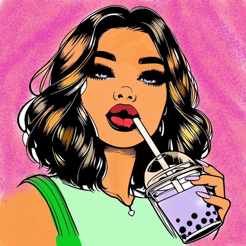 realistic girl with glossy lips holding boba