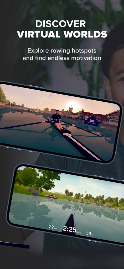 EXR | Virtual indoor rowing - EXR app screens showing virtual indoor rowing in scenic 3D environments with live workout stats