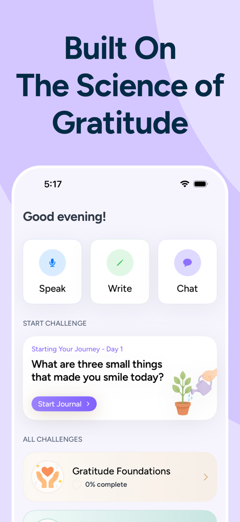 Gratitude Journal: Cherish AI - The home screen of the Cherish AI gratitude journal app showing options to speak write or chat along with a daily gratitude prompt and progress tracking for wellness courses.