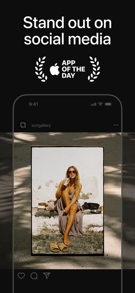Mise en page de photo lifestyle esthétique dans l'application SCRL avec le logo du prix Application du jour d'Apple