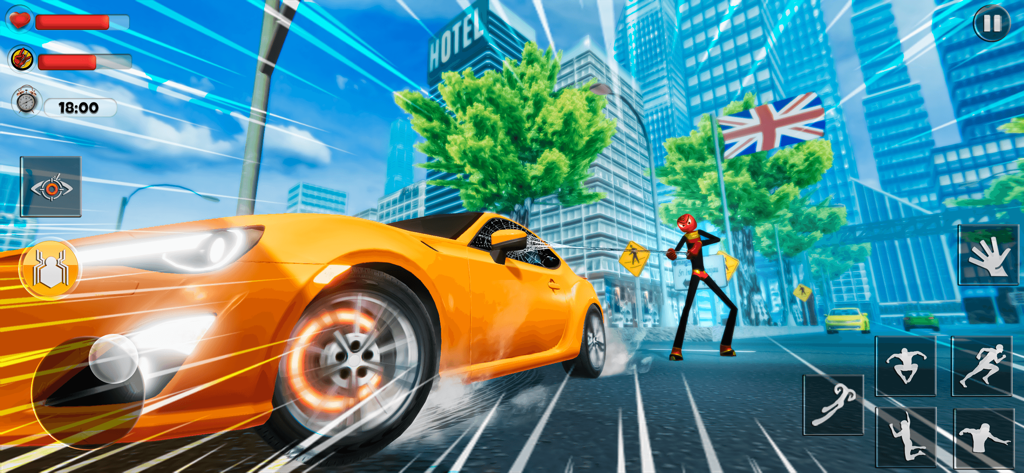 Stickman Spider Rope Hero 3D - Stickman spider hero standing in a city street next to a speeding yellow sports car