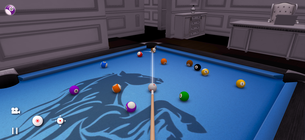 Realistic 3D billiards gameplay showing a cue stick aiming on a blue pool table with a horse logo