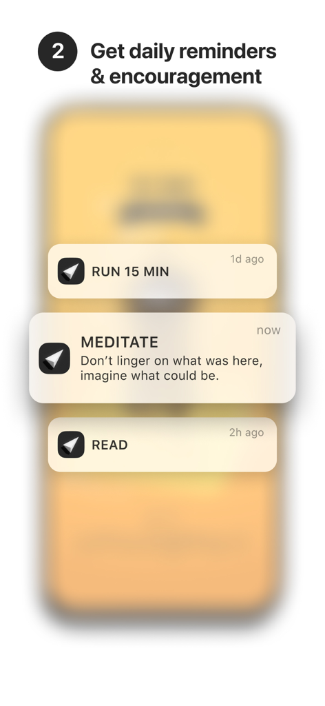 (Not Boring) Habits - A sequence of notification bubbles on a smartphone screen showing reminders for running, meditating, and reading from the (Not Boring) Habits app.