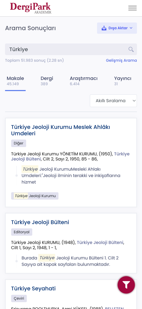 DergiPark Akademik - Search results interface in the DergiPark Akademik app showing academic articles and journals for the query Turkiye.