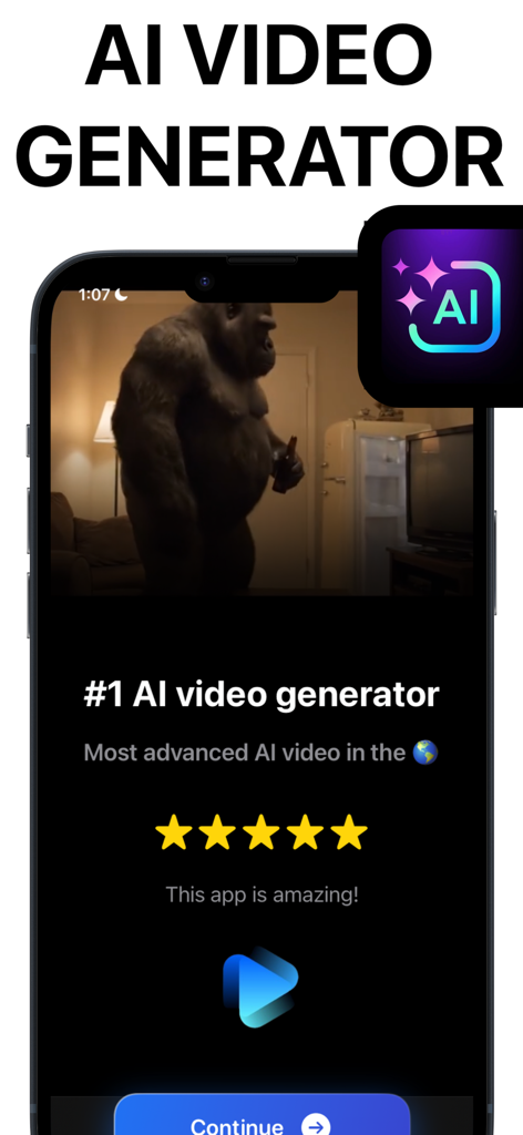 Crayo AI Video Clips Generator - 고릴라 비디오와 별 다섯 개 사용자 등급이 생성된 Crayo AI 비디오 생성기 모바일 앱 인터페이스 스크린샷