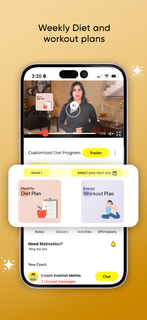 ImWow - ImWow app screen featuring weekly diet and energy workout plans with video coaching and personal trainer chat