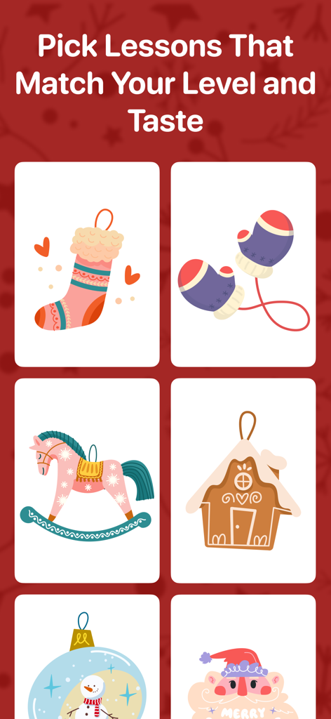 Una schermata dall'app ArtWorkout che mostra vari disegni a tema festivo come una casa di pan di zenzero e un pupazzo di neve.