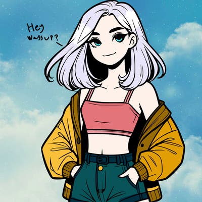 a realistic girl with a crop top and short shorts in an open jacket