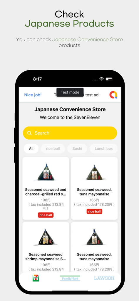Japanese Convenience Store - Mobile app screen displaying a variety of Japanese rice balls from 7-Eleven with prices