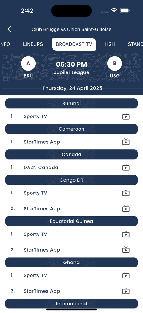 Tudo Football app screen displaying broadcast TV channels and streaming services for a soccer match across different countries