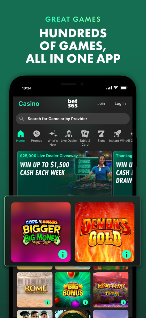 bet365 - Sportsbook & Casino - Interface of the bet365 app showing a wide variety of casino games and slots