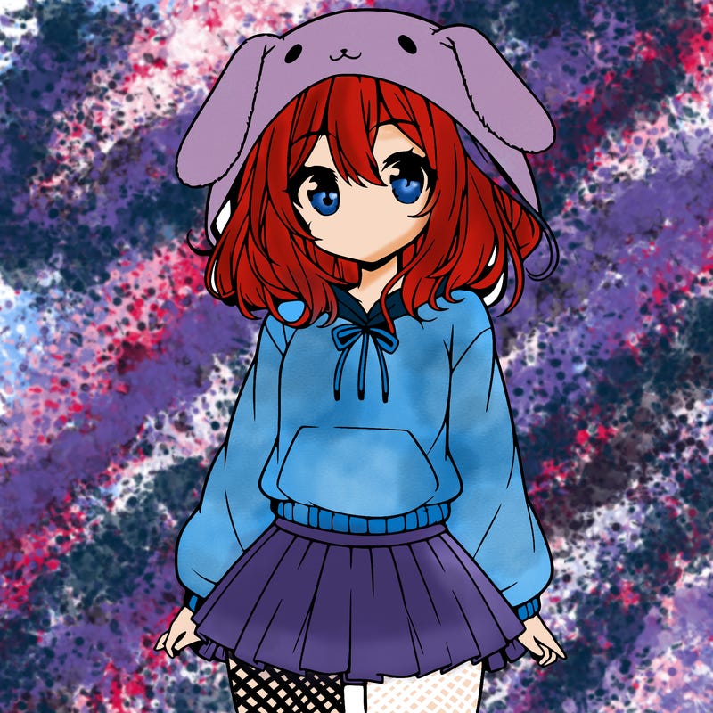 pretty anime girl wearing a fluffy hoodie with bunny ears on the hood and a skirt