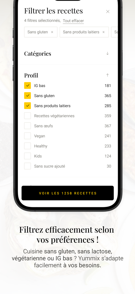 Yummixアプリのスクリーンショット。グルテンフリーや乳製品フリーなど、さまざまな食事のニーズに対応するレシピフィルターが表示されています。