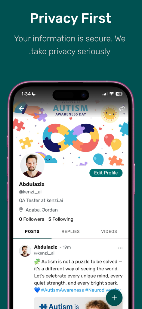 AuTie: Together for Autism - User profile interface on AuTie app showing privacy message and autism awareness post