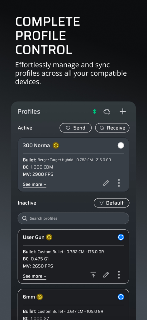 AB Quantum - Interface of the AB Quantum app for managing and syncing long-range shooting gun profiles