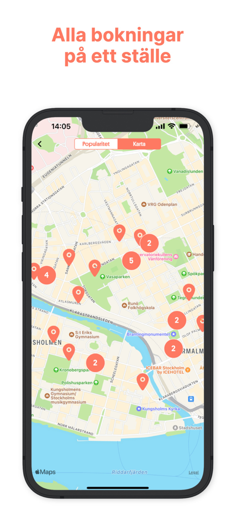 BokaBord - Restaurants - BokaBord app interface showing a city map of Stockholm with red markers for restaurant locations