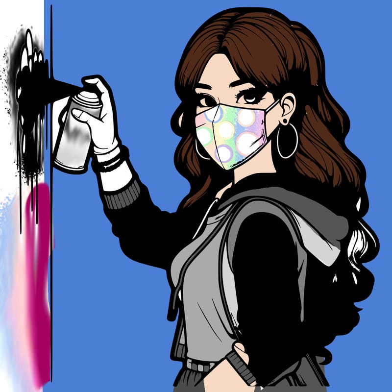 realistic girl with mask spray painting a wall