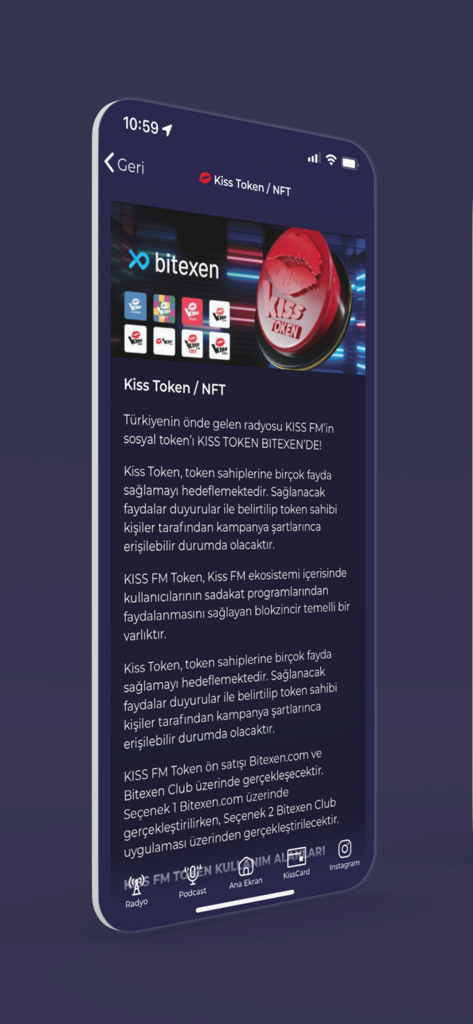 Kiss App - Kiss App mobile interface displaying Kiss Token and NFT loyalty program information