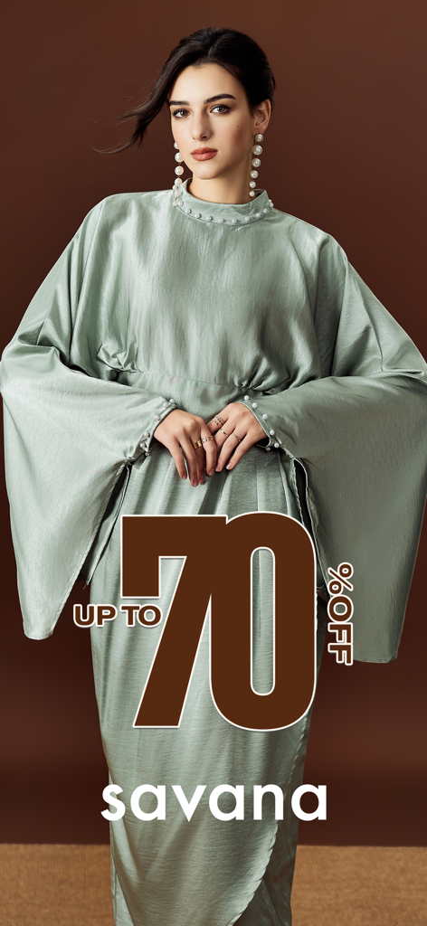 Una modelo de moda con un vestido verde pálido con detalles de perlas y un anuncio de rebajas del 70 por ciento para Savana