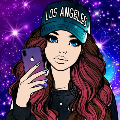 realistic beautiful girl wearing los ángeles cap holding an iphone