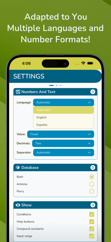 Settings screen of the Vapour Pressures app showing options for languages, number formats, and database selection