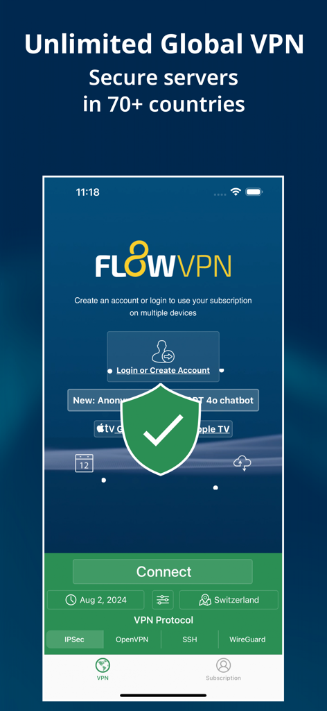 Flow VPN: Fast Secure VPN - Interface de l'application mobile Flow VPN montrant les options de connexion mondiale et les paramètres du serveur sécurisé