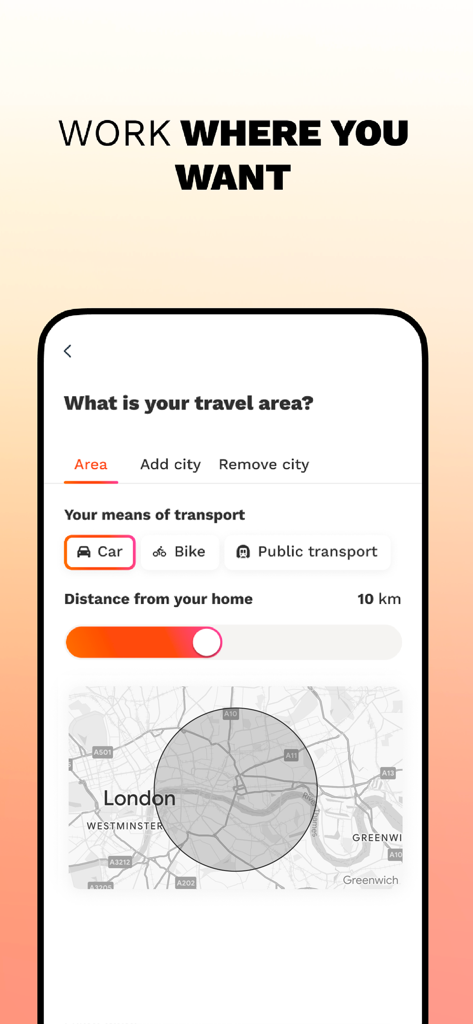 Self-employed jobs Wecasa Pro - Wecasa Pro app interface showing travel area settings with a map radius and transport options for self employed professionals