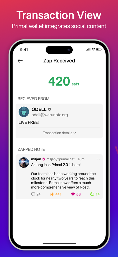 Primal 앱 인터페이스가 소셜 미디어 게시물에 대해 420 sats의 수신된 Bitcoin zap를 보여줍니다.