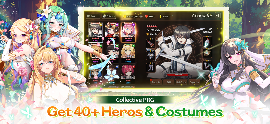 Sword Master Story - Menu de personnages dans Sword Master Story montrant une variété de héros et de déesses anime.