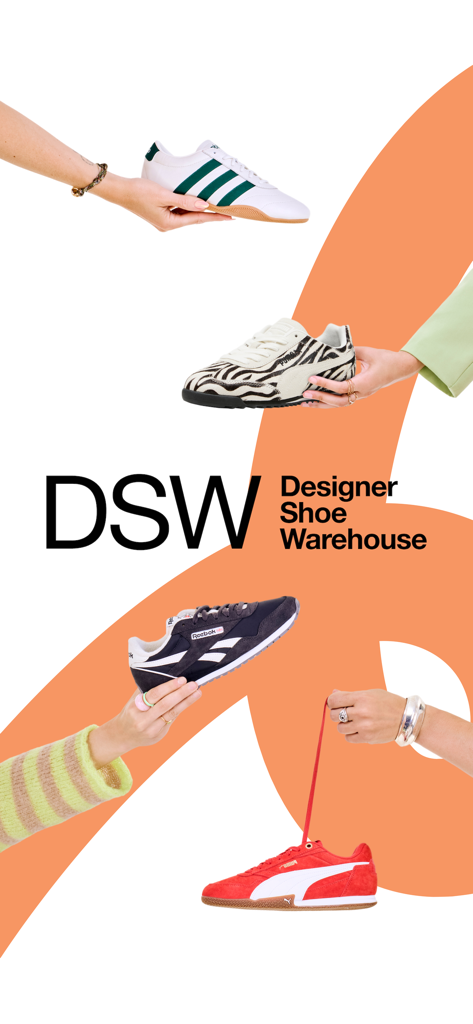 DSW Designer Shoe Warehouse - DSW Designer Shoe Warehouse banner showing various brand name sneakers held by hands against an orange graphic background.